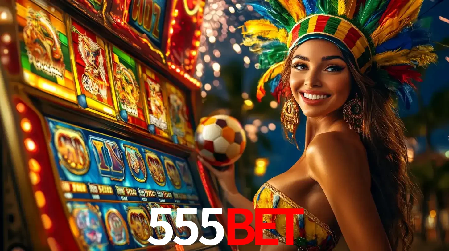 Mulher com um cocar de carnaval ao lado de uma máquina de caça-níqueis enquanto segura uma bola de futebol, mostrando a união da diversão de cassino e esportes no 555bet.
