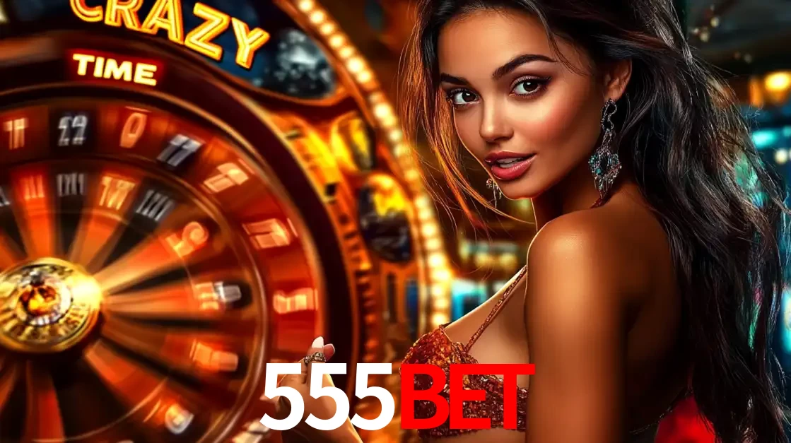Mulher ao lado da roda de prêmios do jogo de cassino ao vivo Crazy Time, um dos shows de jogos mais emocionantes oferecidos pela plataforma de apostas 555bet.