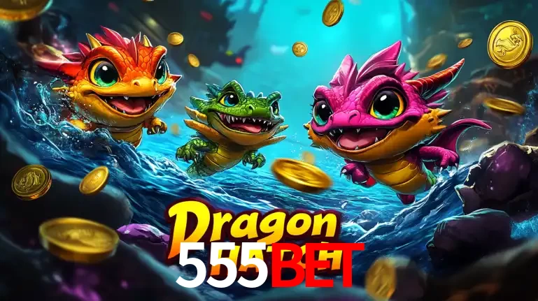 Arte promocional do jogo Dragon Hatch com três adoráveis dragões bebês nadando entre moedas de ouro, um dos slots mais divertidos para jogar no cassino 555bet.