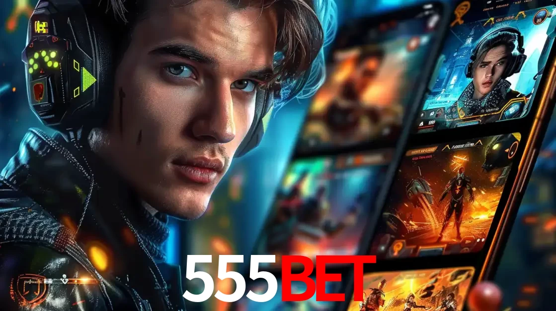 Jovem jogador com fones de ouvido olhando para a câmera, com um aplicativo de jogos e e-sports para celular ao fundo, pronto para a competição e apostas no 555bet.