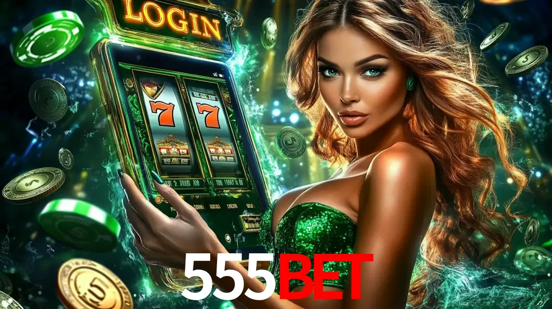 Mulher com tema verde apresentando o aplicativo do cassino 555bet com um jogo de slot de 777, cercada por fichas de cassino e uma aura de sorte.
