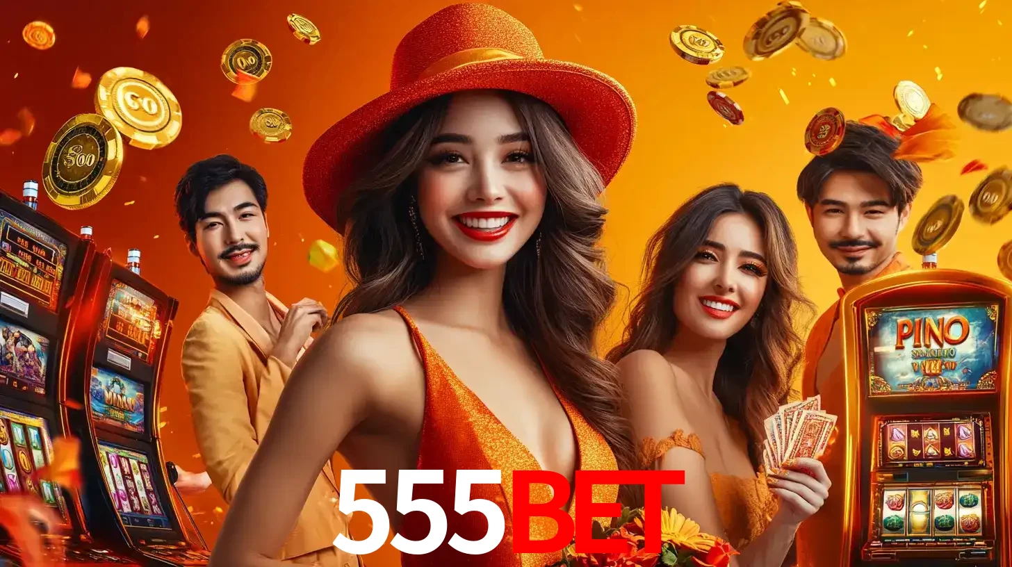 Grupo de amigos asiáticos sorrindo e se divertindo com máquinas de caça-níqueis em um ambiente festivo, celebrando suas vitórias nos jogos de cassino do 555bet.