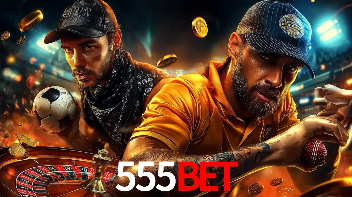 Montagem de apostas esportivas e cassino no 555bet, com um homem segurando uma bola de futebol e outro uma de beisebol sobre uma roleta e moedas voadoras.