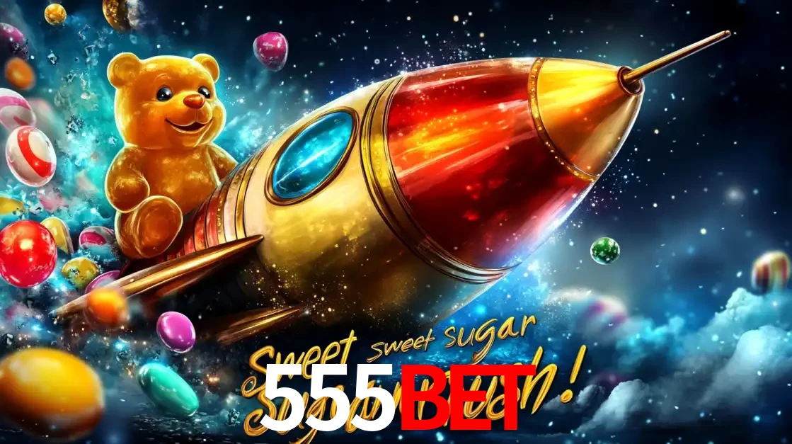 Arte promocional do jogo de slot Sugar Rush, com um urso de pelúcia em um foguete viajando pelo espaço de doces, um dos jogos divertidos disponíveis no cassino 555bet.