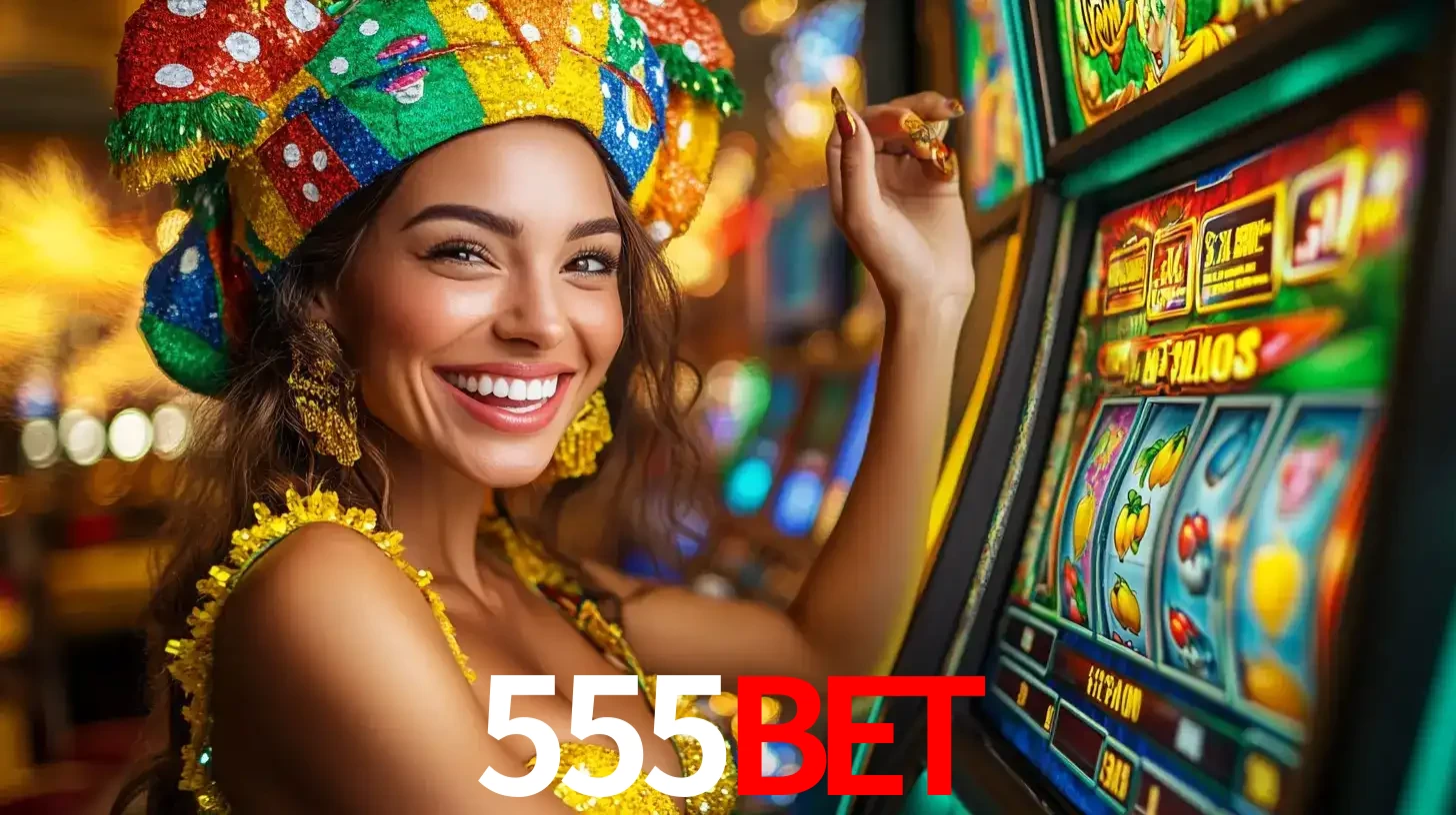 Mulher feliz com traje de carnaval amarelo e colorido ao lado de uma máquina de caça-níqueis, aproveitando a diversão e os jogos temáticos do cassino 555bet.